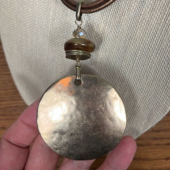 Chico’s Brass hammered pendant w/beaded accent on 17” leather strap & expander - Picture 6 of 7